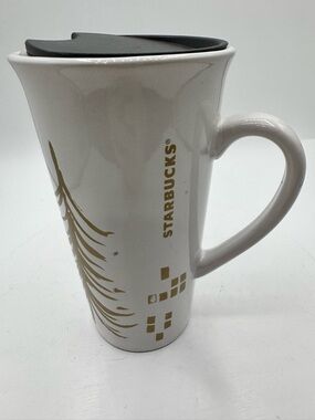 Starbucks White Mug with Gold Tree Design and Black Lid